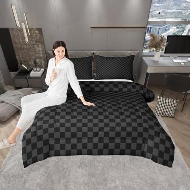 Imagem de Manfei Conjunto de edredom xadrez preto e cinza, xadrez, quadriculado, simples, para todas as estações, quadriculado de búfalo abstrato, 3 peças com 2 fronhas, tamanho casal