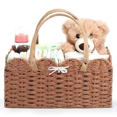 Imagem de CroBlissful Organizador de fraldas de vime – Cestos de armazenamento de corda de papel tecido, cesto de berçário, cesto de fraldas de vime recortado com divisor removível para armazenamento de chá de