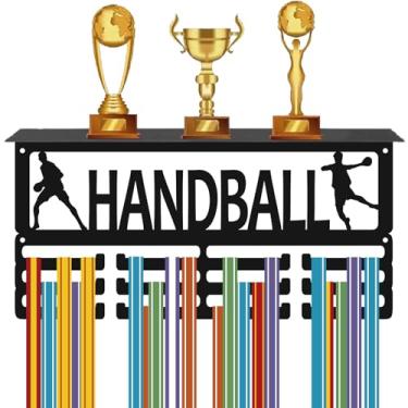 Imagem de CREATCABIN Suporte de medalha de prêmio de troféu com 12 fechos suporte de medalha de metal esportivo de handebol com prateleira para suporte de parede 60+ fitas Organização Armazenamento Vencedor de