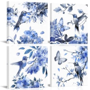 Imagem de PoGoXiPoYo 4 peças de arte de parede beija-flores e impressões em tela azul marinho pássaros floral aquarela pintura plantas obras de arte decoração de parede para quarto banheiro cozinha 30 x 30 cm x