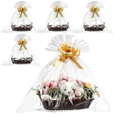 Imagem de Soaoo 4 cestas vazias para presentes, 35 x 25 x 7 cm, cesta grande de armazenamento de vime de Natal com alça e sacos de presente e laços dourados para presentes de festa de Ação de Graças de Natal