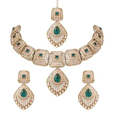 Imagem de I Jewels Banhado a ouro indiano Bollywood casamento quadrado & pedra gargantilha colar joias com brincos e Maang Tikka conjunto para mulheres (IJ407G)
