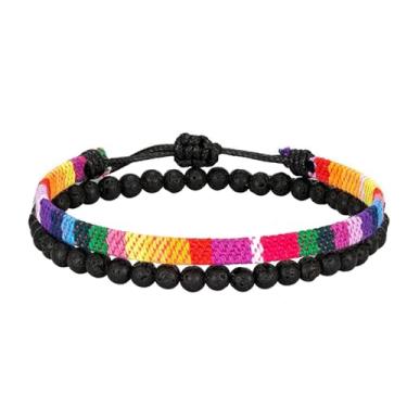 Imagem de Pulseira de orgulho arco-íris e pulseiras de pedra vulcânica de 4 mm para mulheres e homens, LGBTQ+, aliadas, lésbicas, 2 em 1, pulseira trançada de orgulho ajustável para meditação ou ioga