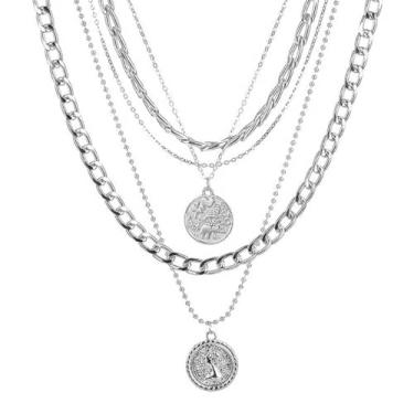 Imagem de Todenb Colar de pirata para mulheres, acessórios de fantasia de pirata, joias de roupa de piratas, colar com pingente de moeda de ouro, colares de ouro em camadas de Halloween, Metal, Sem Pedra