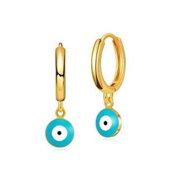 Imagem de MRSXIA Brincos femininos Huggie argola dourada olho turco contas redondas pingente gota gota 18 K preenchido com ouro pequeno simples delicado hipoalergênico proteção de ouvido joia, Metal