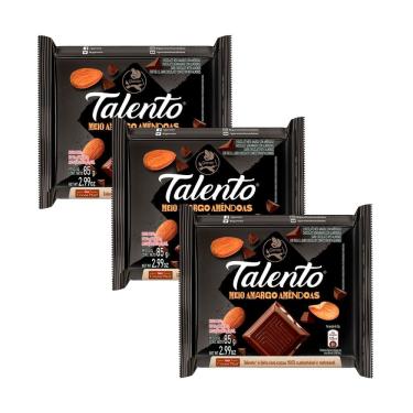 Imagem de Kit 3 Chocolate Garoto Talento Meio Amargo com Amêndoas 85g
