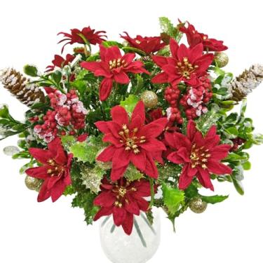 Imagem de Pacote com 4 Poinsétias de veludo artificial de flores de Natal com bolas de purpurina, pinhas, buquê de bagas falsas, ornamentos de flores de inverno para vaso, festa, mesa de centro de mesa