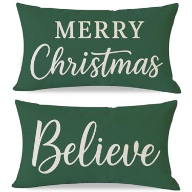 Imagem de PANDICORN Floresta verde Merry Christmas Believe Christmas Capas de almofada decorativas 30 x 50 cm conjunto de 2, capa de almofada de Natal decoração externa para decoração de sofá PP-893-12