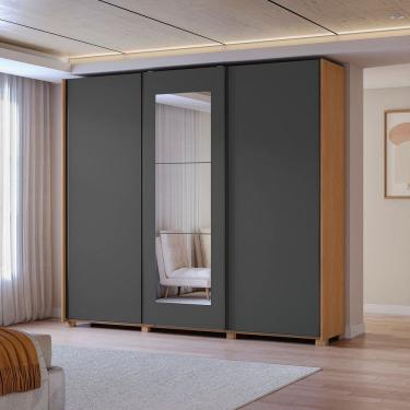 Imagem de Guarda-roupa 3 Portas de Correr e 4 Gavetas com Espelhos e Pés Dormitorio Sliding Canela/Grafite