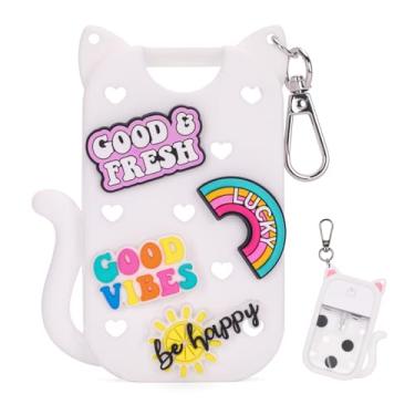 Imagem de AGIFTMIND Suporte de silicone compatível com spray desinfetante para as mãos Touchland 30 ml, capa protetora de orelha de gato fofo com chaveiro e 4 pingentes decorativos, Branco, 1 Ounces