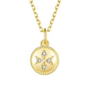 Imagem de EFASHION Colar com pingente de prata esterlina 925 banhado a ouro 14K para meninas com estampa octogonal incrustada de zircônio, Medium, Ouro, Zircônia cúbica
