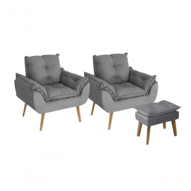 Imagem de Kit 02 Poltrona Decorativa Confortável Com Puff Glamour Opala Com Pés Quadrado Cinza
