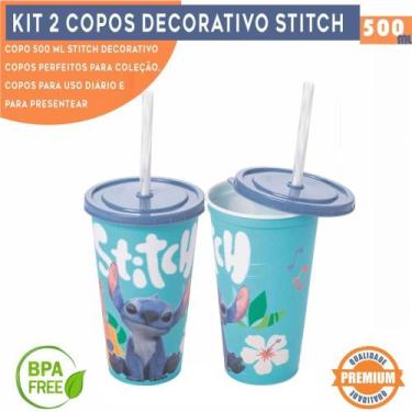Imagem de Kit 2 Copos Stitch 500ml Filme Personalizado Com Tampa e canudo Bpa Fr