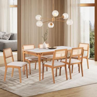 Imagem de Conjuto Sala de Jantar com 1 Mesa Tampo Laminado com Vidro 160cm e 6 Cadeiras Verona Cru/Verniz Mel