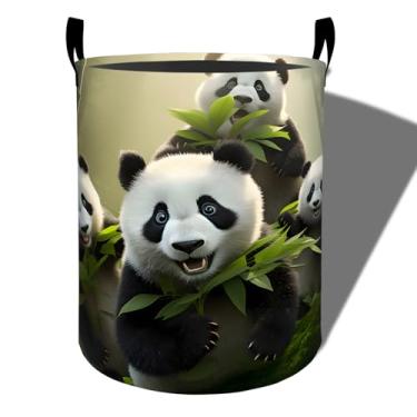 Imagem de amepay Palyful Cesta de roupa suja de panda, pano Oxford dobrável com estampa de folhas de floresta, cesto de roupas sujas à prova d'água com alças, organizador de brinquedos para banheiro, quarto