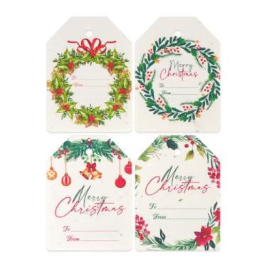 Imagem de Etiquetas de presente plantáveis de Natal com sementes de flores silvestres – Etiquetas de Feliz Natal para escrita, plantáveis, 4 designs festivos e de ornamento, perfeitos para presentes de Natal