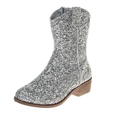 Imagem de KENSIE GIRL Botas de caubói infantil - Sapatos ocidentais de cano médio cowgirl bico quadrado para bebês / crianças pequenas / tamanhos grandes (rosa, branco preto bronzeado), Glitter prateado, 17