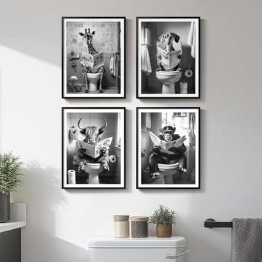 Imagem de Decoração de parede de banheiro em preto e branco emoldurado, 4 peças de arte de pintura em tela de animais modernos, cachorro, highland, vaca, girafa, sentado no banheiro, lendo imagens de jornais