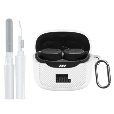 Imagem de POZCIS Capa para JBL Tune Buds 2, capa protetora de silicone macio, compatível apenas com JBL Tune Buds 2 com mosquetão e kit de limpeza conjunto de acessórios (branca)