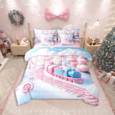 Imagem de Erosebridal Conjunto de cama solteiro com cauda rosa e azul, 7 peças, temática de doces doces, cama de inverno, neve branca em uma bolsa, faixa rosa, pirulito, conjunto de cama para crianças e