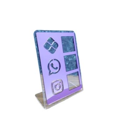 Imagem de Placa Pix Display em Plastico PS Mesa Balcão PIX Zap Instagram Interativo (ECONÔMICO)(Transparente & Roxo)