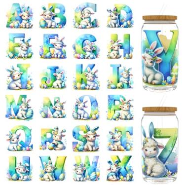 Imagem de XRTHGS 32 peças/conjunto de adesivos DTF UV do alfabeto animal da Páscoa para garrafas de água, copos, adesivos de transferência DTF para frascos de vidro de 473 ml, envoltórios de transferência UV