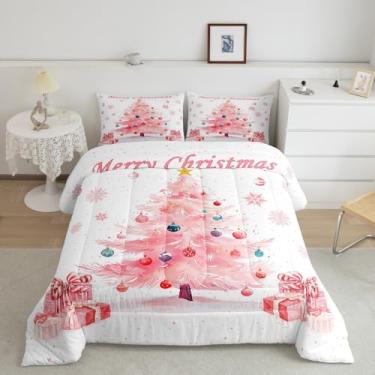 Imagem de Manfei Conjunto de edredom para presente de árvore de Natal rosa, floco de neve, 3 peças, Queen, estilo princesa dos sonhos, decoração alternativa de quarto de adultos, microfibra ultramacia, 3 peças