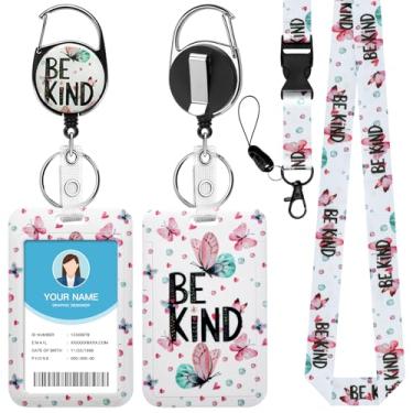 Imagem de Soleebee Cordão Butterfly Be Kind para crachás de identificação, lindo suporte de crachá de identificação e cordão destacável, chaveiro retrátil, carretel de crachá resistente com clipe mosquetão para