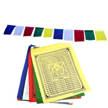Imagem de Bandeiras de oração tibetana feitas à mão, bandeiras tibetanas de oração do Buda da medicina do Nepal conjunto de 10 bandeiras Cinco cores tradicionais tibetanas que são amarelo, verde, vermelho, branco e azul.