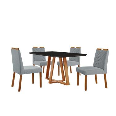 Imagem de Conjunto Sala De Jantar Mesa Florença 140x80cm Preto Com 4 Cadeiras Dallas Linho Cinza