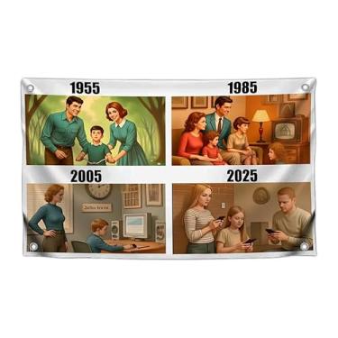 Imagem de Bandeira retrô de evolução familiar de 9 x 1,8 m para quarto de adolescentes com quatro ilhós de latão - Tapeçaria de parede estilo vintage de um lado para decoração de quarto - Bandeiras decorativas