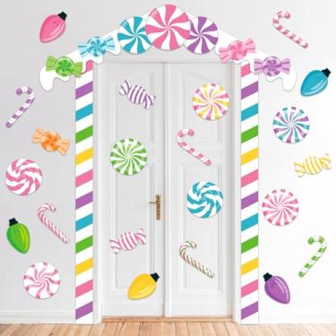 Imagem de 24PCS Christmas Pastel Candy House Door Cover Large Colorful Candy Cane Christmas Covers Banner Ornaments Pastels Xmas Candyland Porch Banners Sign Set for Gingerbread Wall Window Stickers Decorations