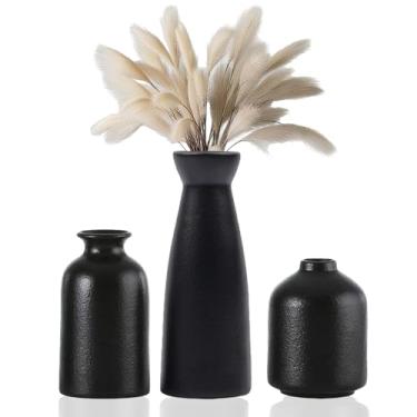 Imagem de Conjunto de 3 peças de vaso de cerâmica preta, estilo boêmio, fosco, textura fosca, vaso decorado com grama dos pampas e flores secas. Pode ser colocado em uma prateleira/mesa/lareira/entrada (preto)