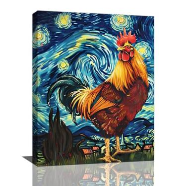 Imagem de Flintis Arte de parede em tela de galo, abstrata céu estrelado noite fotos coloridas de galinha decoração de parede retrato de animal pintura de arte impressa decoração emoldurada para quarto sala de