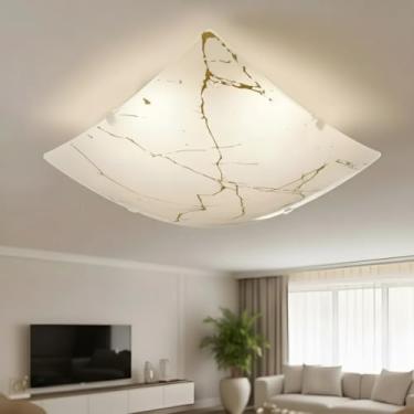 Imagem de Plafon Sobrepor Quadrado Luminária de Teto Vidro Mármore Dourado 25x25cm Bivolt Para Sala, Quarto e Corredor