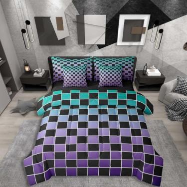 Imagem de Erosebridal Jogo de cama de solteiro quadriculado preto em uma bolsa, 7 peças, roxo, turquesa, ombré, xadrez, com lençol geométrico, para crianças e adultos, jogo de cama de guingão gradiente