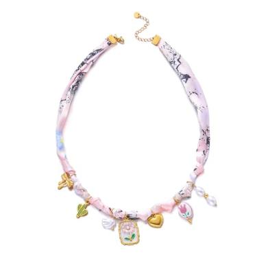 Imagem de Harlermoon Colar de cachecol com coração, flor, branco, rosa, azul, bandana ajustável, gargantilha de seda ocidental para mulheres, boho, praia, joias de cerâmica, Medium, Aço inoxidável, Sem Pedra