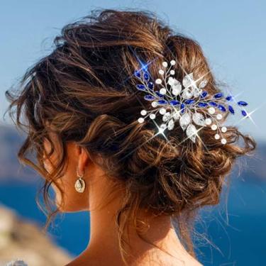 Imagem de Unsutuo Pente de cabelo de noiva com strass azul acessórios de cabelo de noiva para peças de cabelo de casamento para mulheres e meninas
