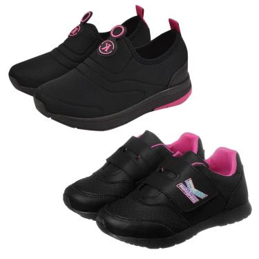 Imagem de Kit 2 Pares Tênis Infantil Menina Calce Fácil Preto Pink e Escolar Preto Pink Kidstep-Feminino