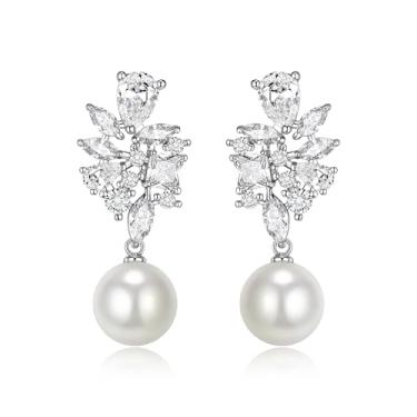 Imagem de EleQueen Brincos femininos de casamento com pérolas simuladas de zircônia cúbica, joia marquesa de noiva para festa de formatura/aniversário, Zircônia cúbica Pérola sintética, Zircônia cúbica