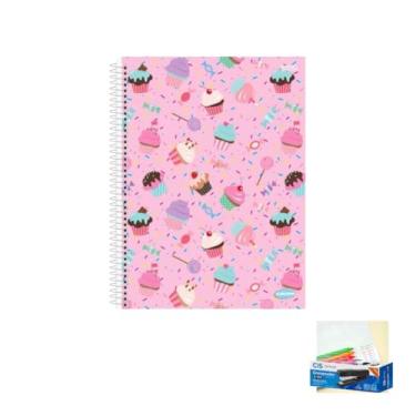 Imagem de Kit Caderno Feminino KBOM 10 Matérias Capa Dura 200 Folhas + Caneta Esferográfica 0.7mm + Grampeador Metallic C-15