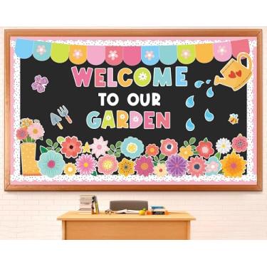 Imagem de Quadro de avisos temático Bem-vindo ao nosso jardim, quadro de avisos positivo, decorações de sala de aula, recortes florais coloridos para berçário, quadro-negro, janela, parede, porta, casa