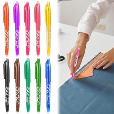 Imagem de 10 canetas apagáveis por calor para tecido, canetas marcadoras de tecido, marcadores sem linhas fantasmas, tinta desaparecendo para marcação precisa para costura acolchoada, bordado, faça você mesmo
