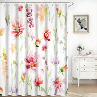 Imagem de TTQYFNM Cortina de chuveiro floral primavera aquarela flores vermelhas folhas verdes cortina de chuveiro para banheiro decoração de banheira tecido de poliéster impermeável plantas botânicas conjunto