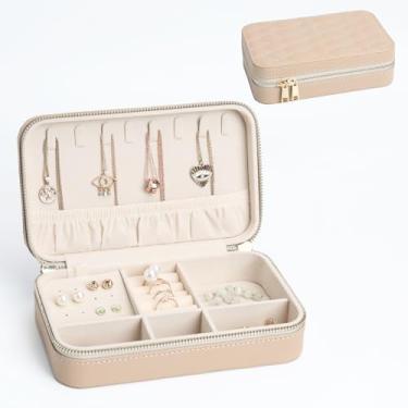 Imagem de V-LAFUYLIFE Caixa de joias de couro elegante pequena caixa de joias para mulheres, caixa de presente para colar, anel, armazenamento de brincos, design portátil para viagens e uso doméstico, damasco