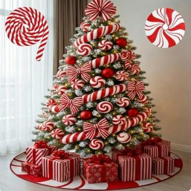 Imagem de RoundFunny Saia de árvore de Natal vermelha e branca de 76 cm com 3 metros de areia, minhoca, redemoinho, vermelho, árvore de Natal, doces, decoração de Natal, suprimentos de festa engraçados para