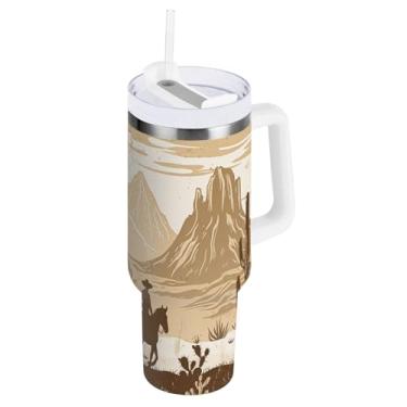 Imagem de STAYTOP Copo de caubói norte-americano de 850 g com tampa e canudo, copo isolado de aço inoxidável durável à prova de vazamento com alça, garrafas de água à prova de derramamento para viagens
