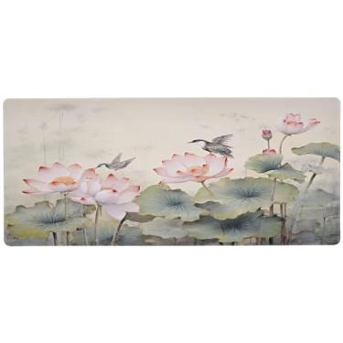 Imagem de Wassud Mouse pad florido de lótus e pássaros para jogos com base de borracha antiderrapante, mouse pad longo com borda costurada, almofada grande à prova d'água para escritório, casa, 80 cm x 40 cm