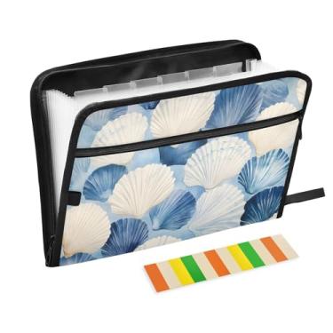 Imagem de CEBUGI Pasta expansível de 13 bolsos, impermeável, sanfonada, organizador de arquivos com etiquetas tamanho A4, organizador de documentos de papel para escola, escritório, padrão de concha