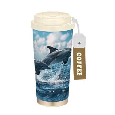 Imagem de YETTASBIN Caneca de café Dolphin com isolamento térmico de 482 g com tampa canudo, copo à prova de derramamento e vazamento com alça para bebida quente e fria, garrafa de água de aço inoxidável